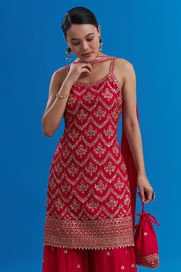 Rani Pink Pure Chiffon Set with Geometric Embroidery