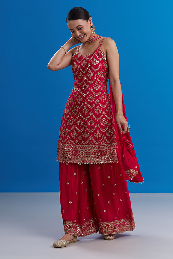 Rani Pink Pure Chiffon Set with Geometric Embroidery