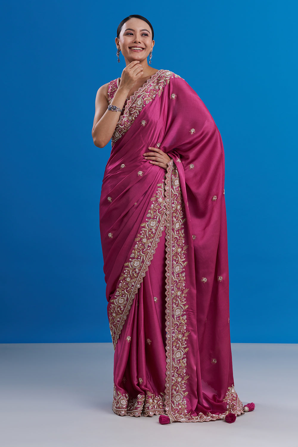 Rani Pink Pure Satin Saree with Zari Work And Stitched Blouse