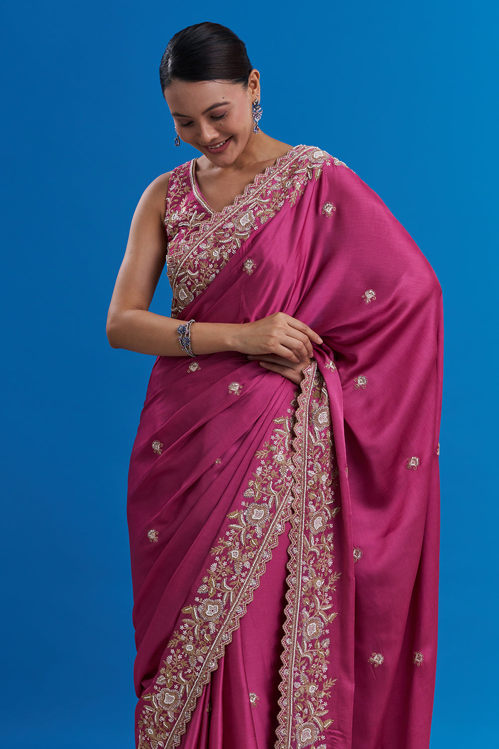 Rani Pink Pure Satin Saree with Zari Work And Stitched Blouse
