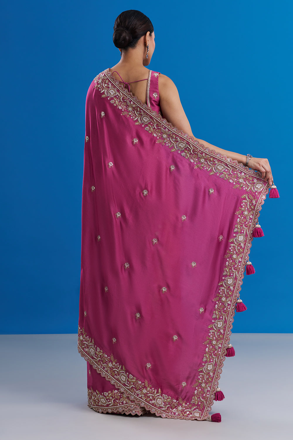 Rani Pink Pure Satin Saree with Zari Work And Stitched Blouse