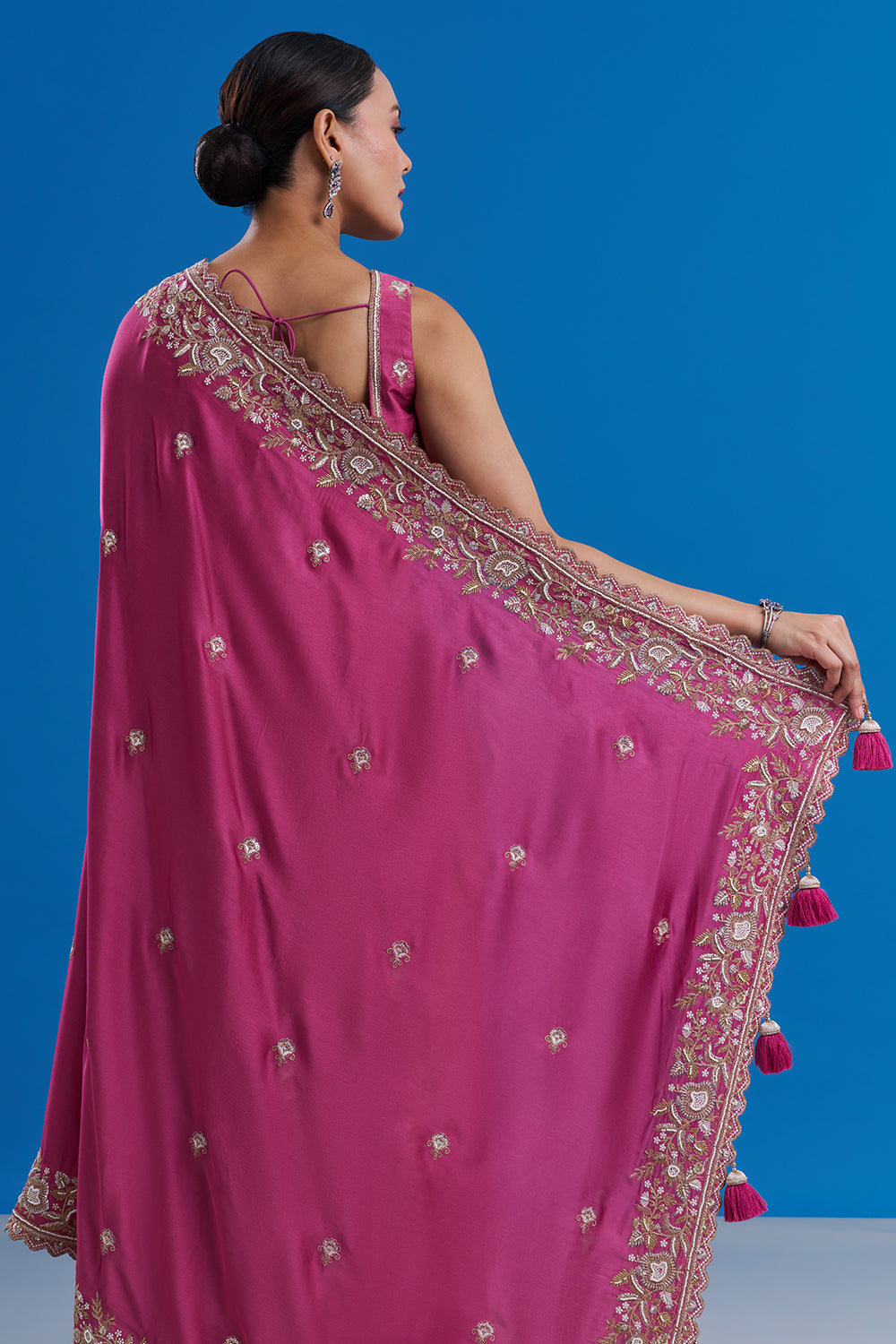 Rani Pink Pure Satin Saree with Zari Work And Stitched Blouse