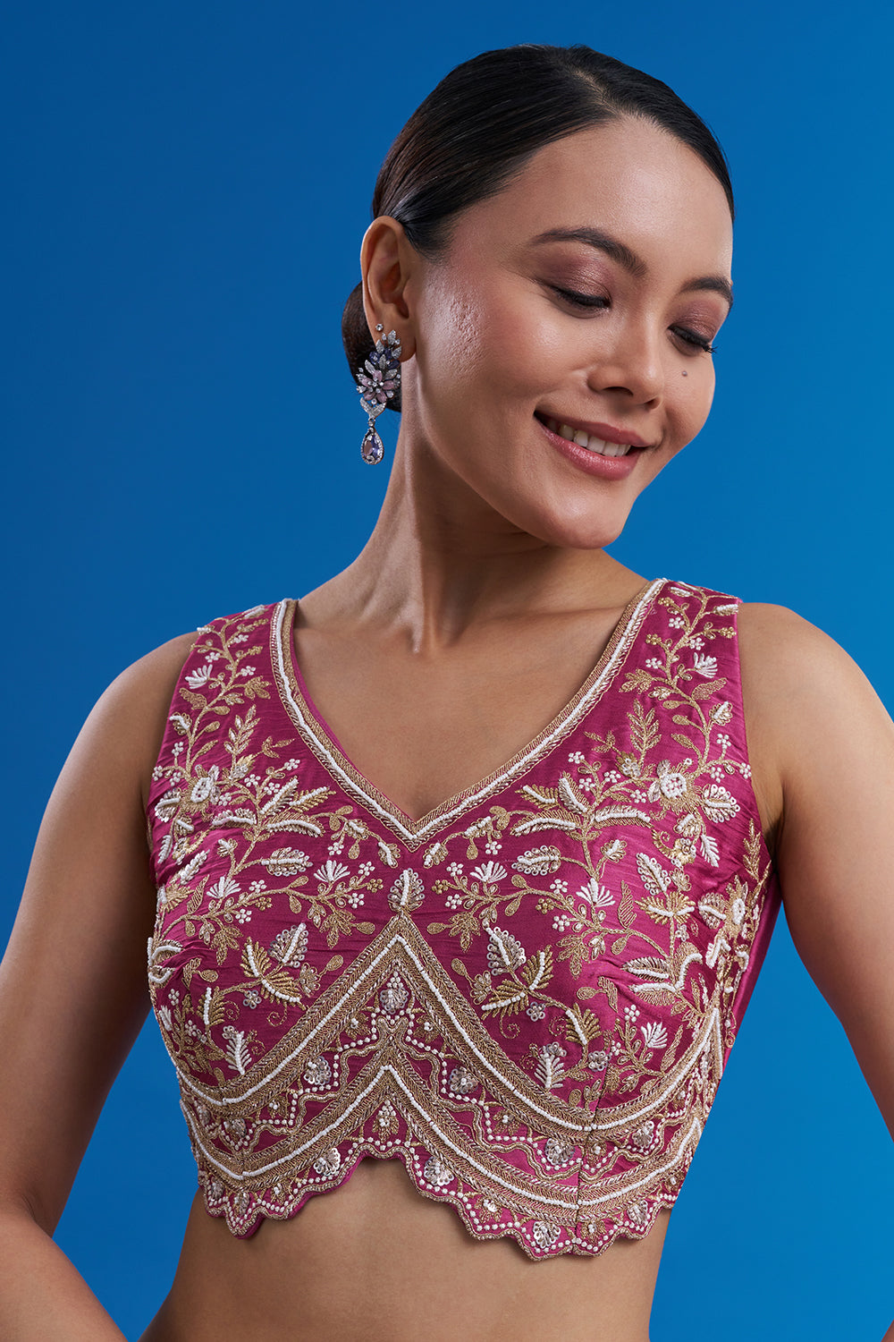 Rani Pink Pure Satin Saree with Zari Work And Stitched Blouse