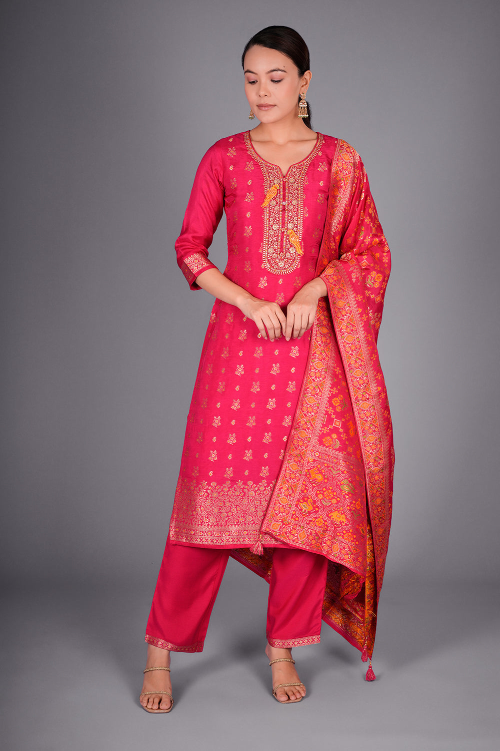 Rani Pink Pure Silk Banarasi Kurta Set with Resham and Dabka Embroidery