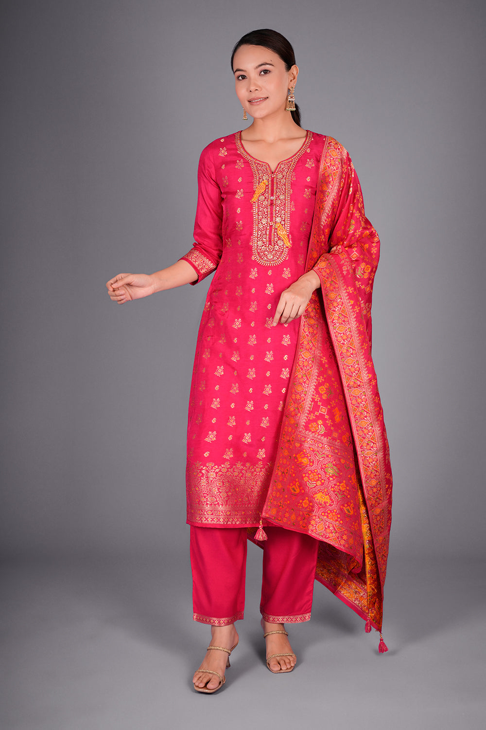 Rani Pink Pure Silk Banarasi Kurta Set with Resham and Dabka Embroidery