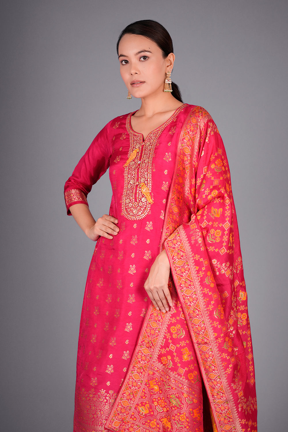 Rani Pink Pure Silk Banarasi Kurta Set with Resham and Dabka Embroidery
