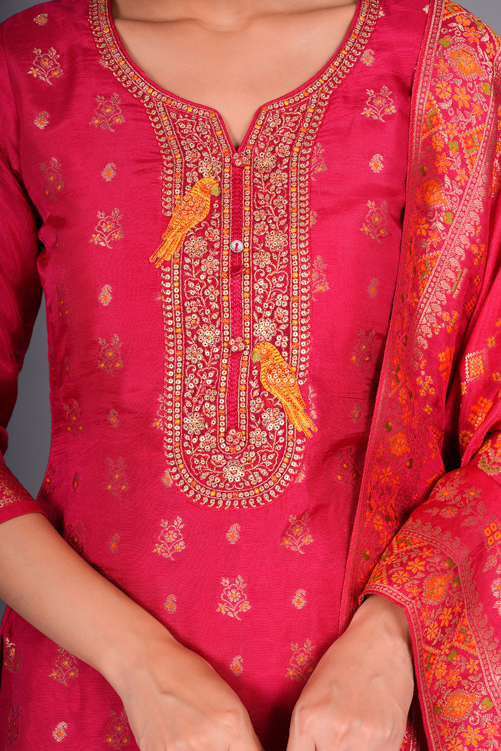 Rani Pink Pure Silk Banarasi Kurta Set with Resham and Dabka Embroidery