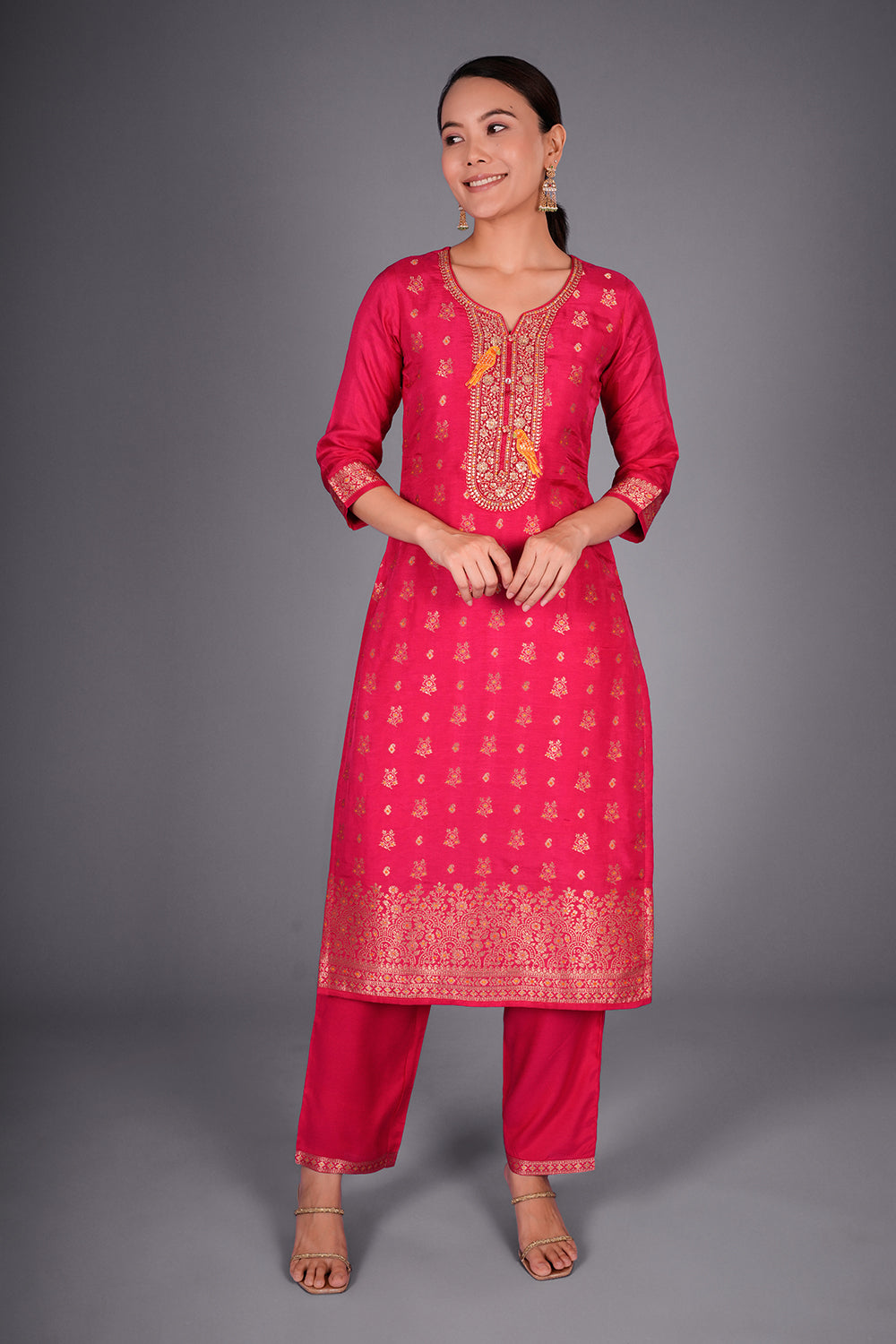 Rani Pink Pure Silk Banarasi Kurta Set with Resham and Dabka Embroidery