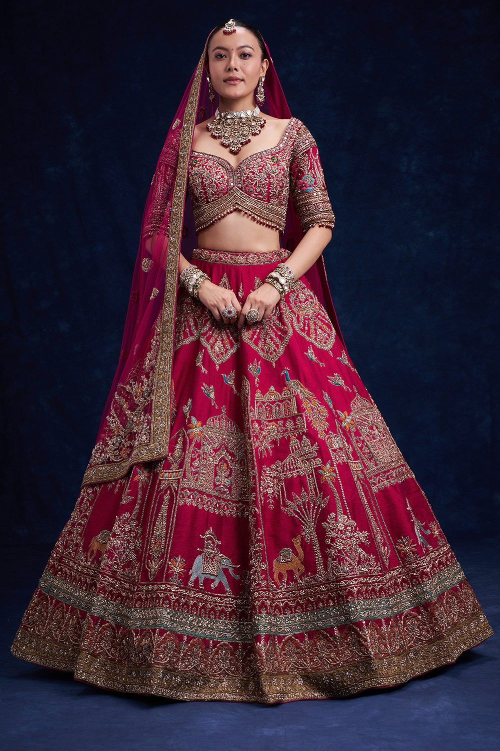 Rani Pink Raw Silk Bridal Lehenga with French Knot and Resham Work