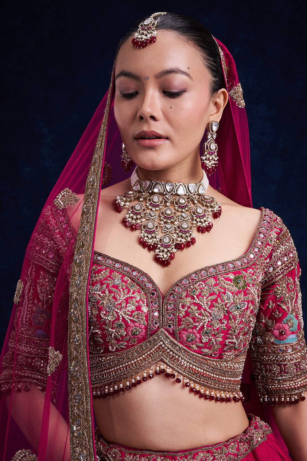 Rani Pink Raw Silk Bridal Lehenga with French Knot and Resham Work