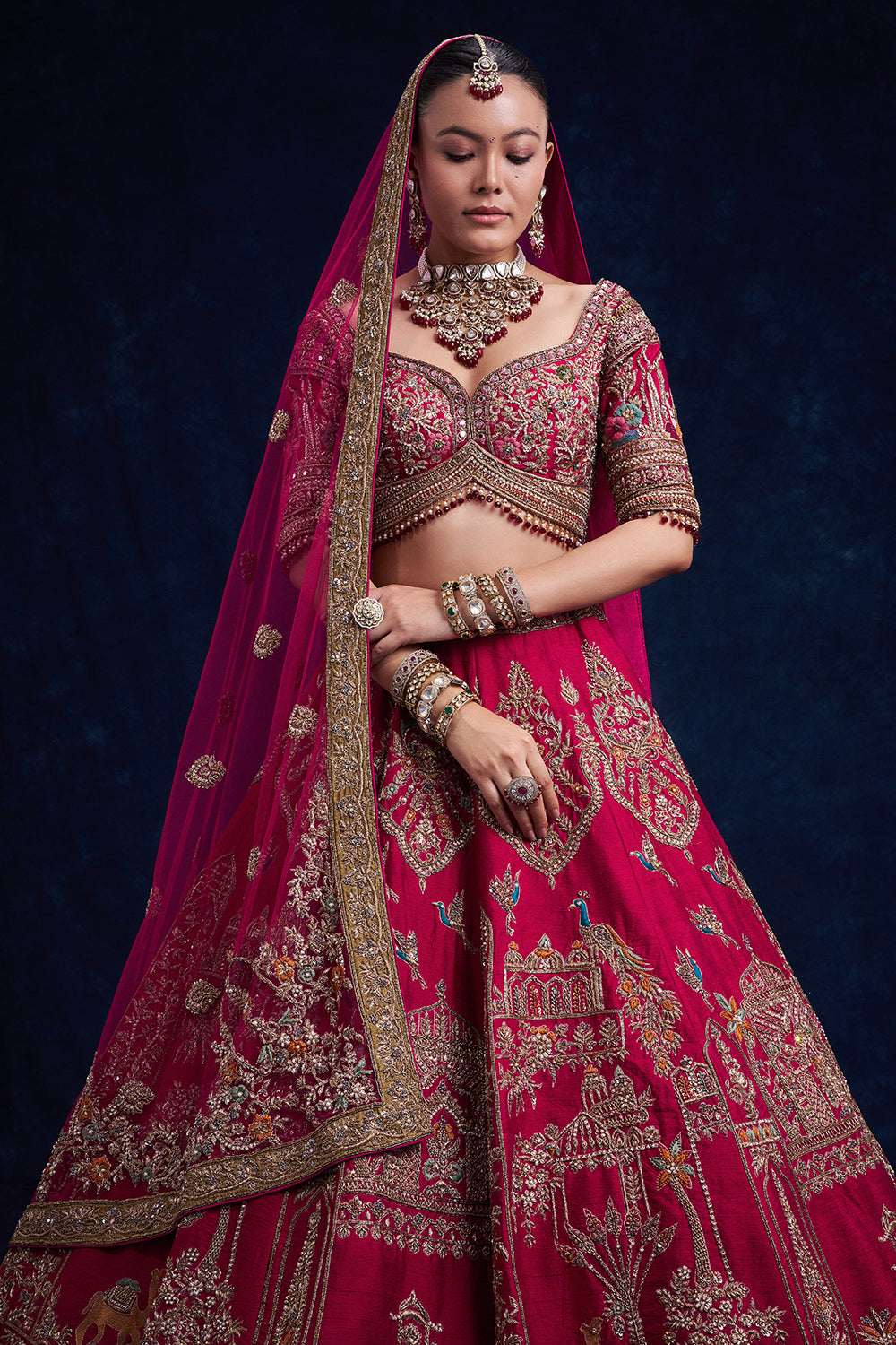Rani Pink Raw Silk Bridal Lehenga with French Knot and Resham Work