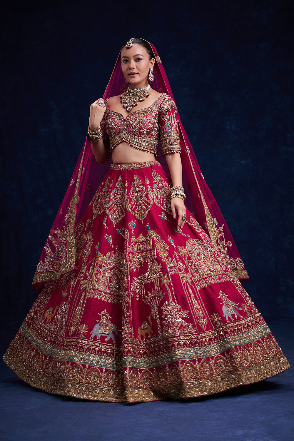 Rani Pink Raw Silk Bridal Lehenga with French Knot and Resham Work