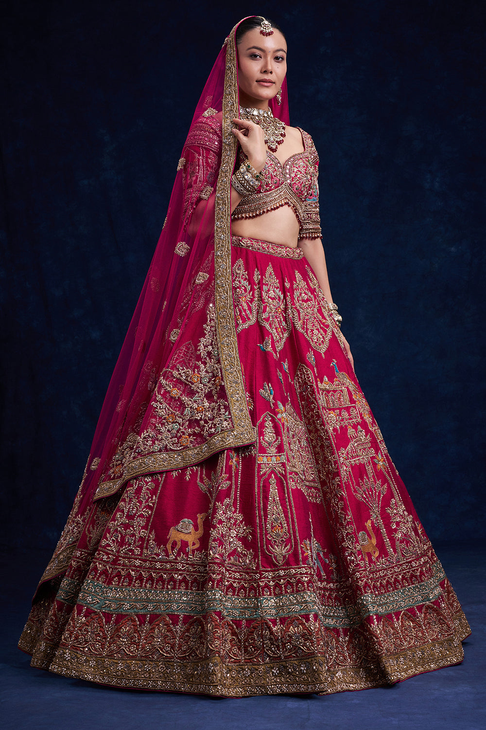Rani Pink Raw Silk Bridal Lehenga with French Knot and Resham Work
