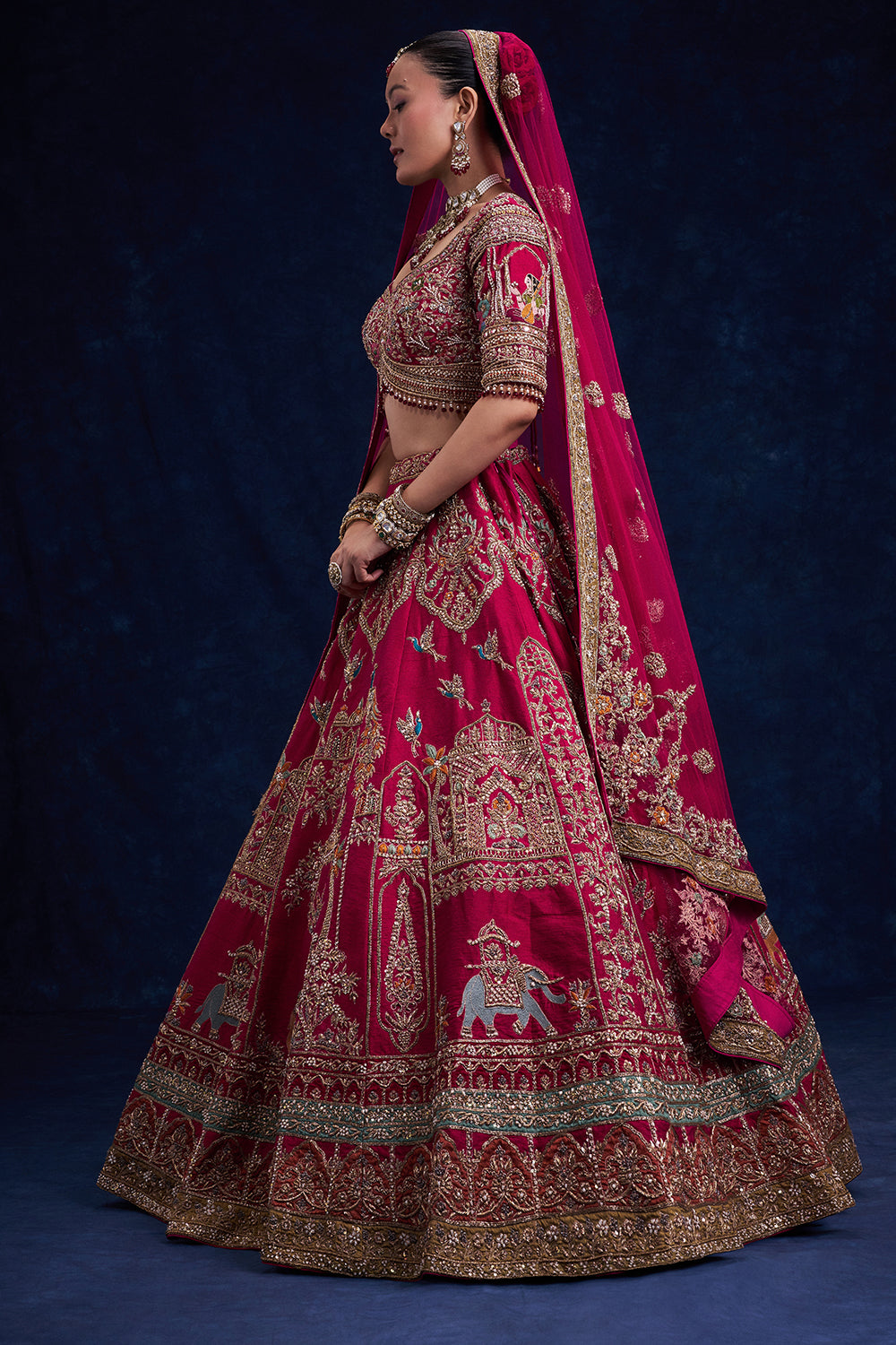 Rani Pink Raw Silk Bridal Lehenga with French Knot and Resham Work