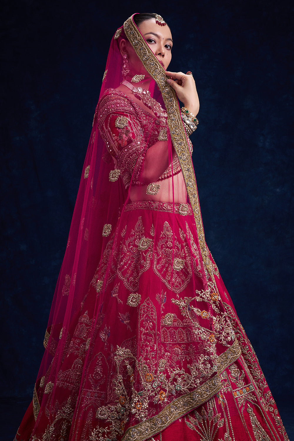 Rani Pink Raw Silk Bridal Lehenga with French Knot and Resham Work