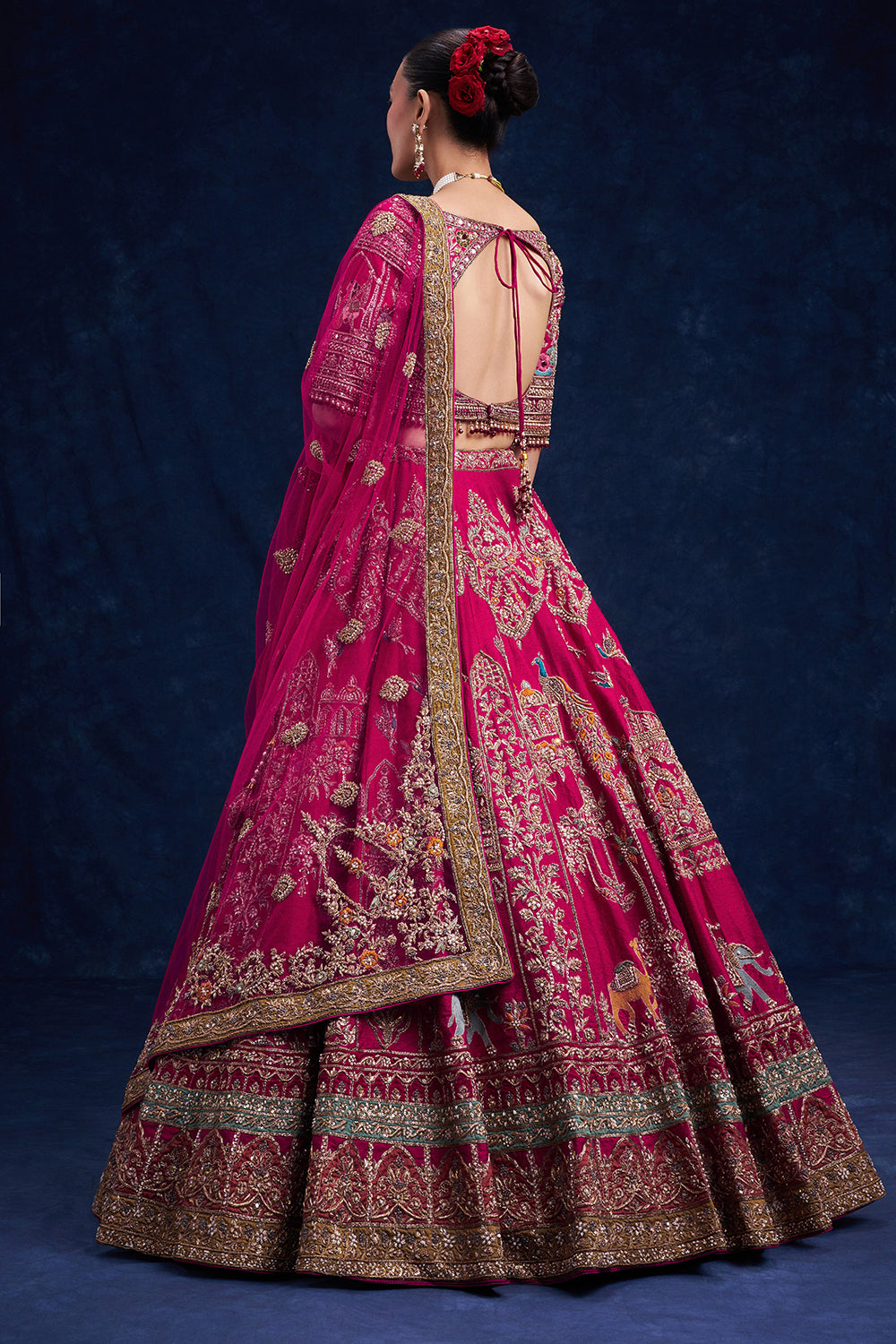 Rani Pink Raw Silk Bridal Lehenga with French Knot and Resham Work