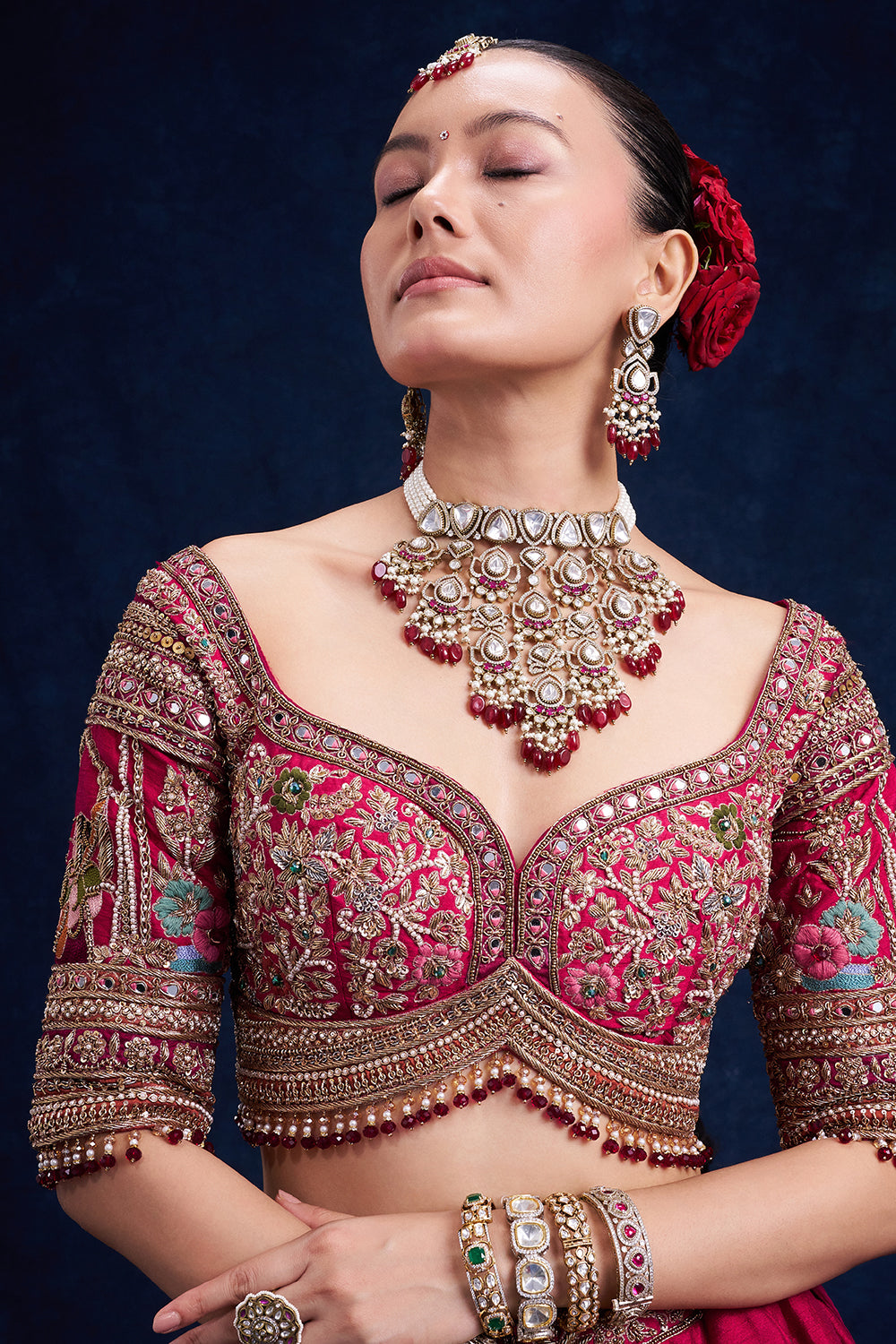 Rani Pink Raw Silk Bridal Lehenga with French Knot and Resham Work