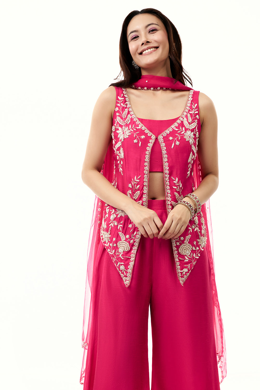 Rani Pink Raw Silk Palazzo Set with Cutdana and Moti Work