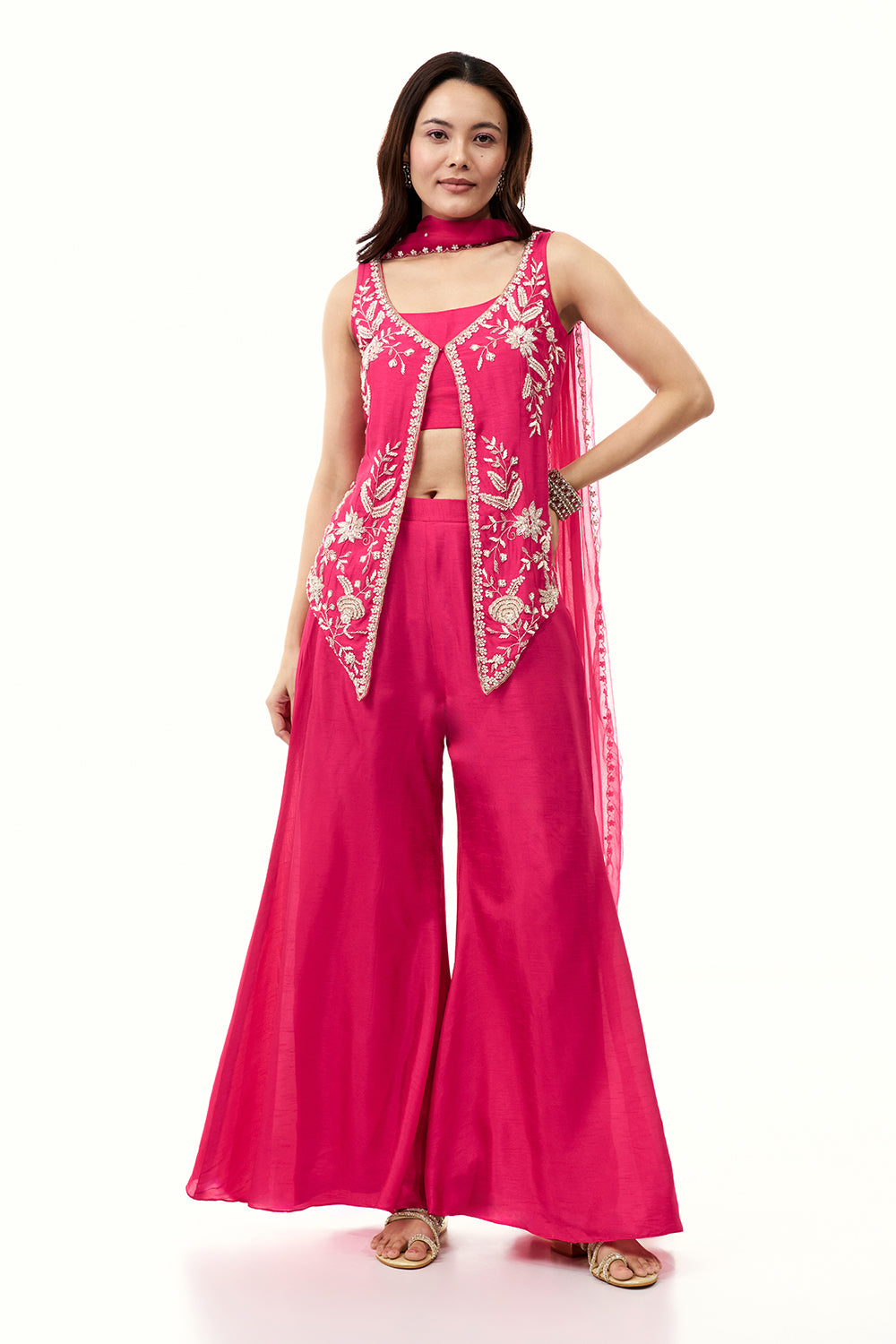 Rani Pink Raw Silk Palazzo Set with Cutdana and Moti Work