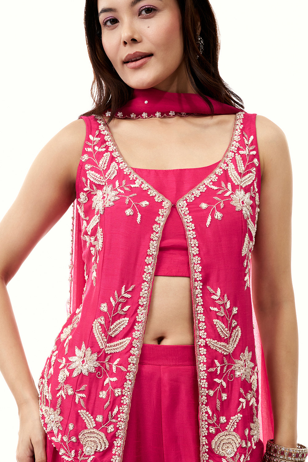 Rani Pink Raw Silk Palazzo Set with Cutdana and Moti Work