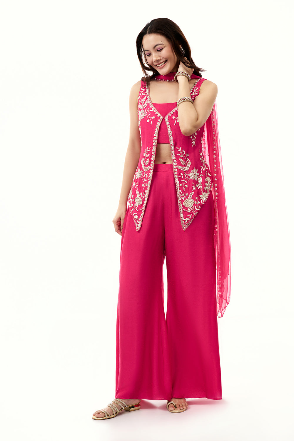 Rani Pink Raw Silk Palazzo Set with Cutdana and Moti Work