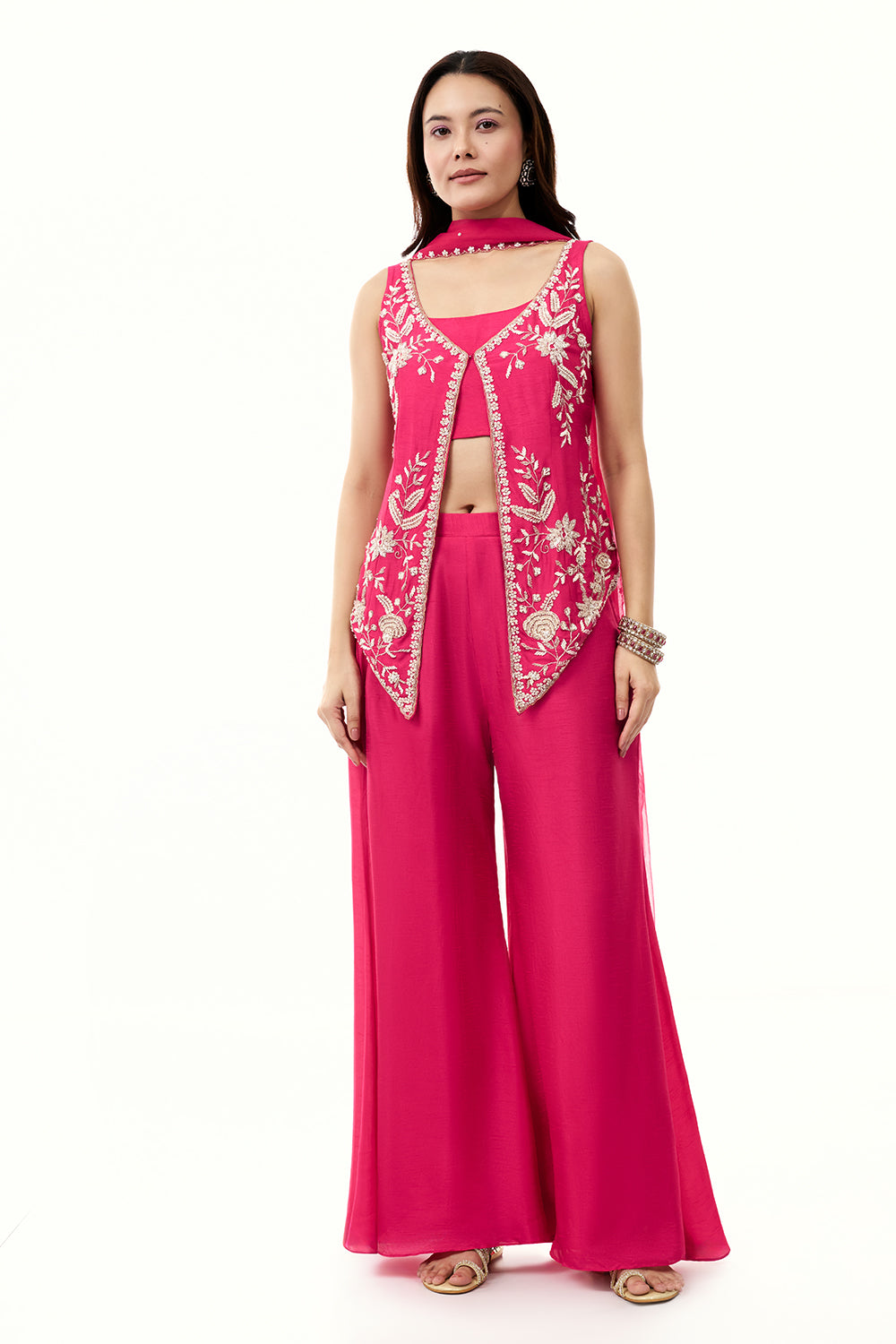 Rani Pink Raw Silk Palazzo Set with Cutdana and Moti Work