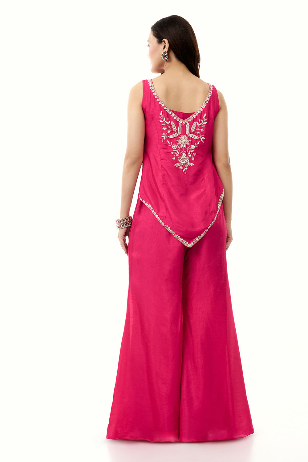 Rani Pink Raw Silk Palazzo Set with Cutdana and Moti Work