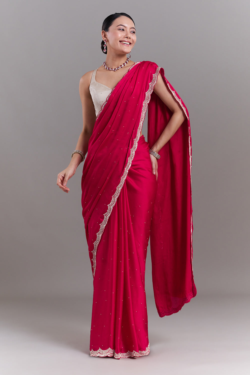 Rani Pink Satin Embellished Saree