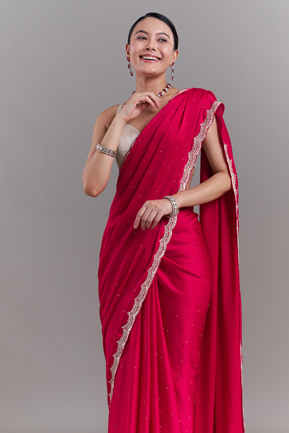 Rani Pink Satin Embellished Saree