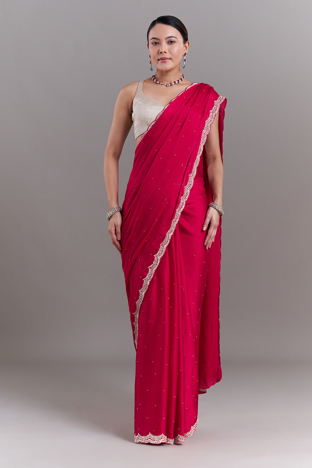 Rani Pink Satin Embellished Saree