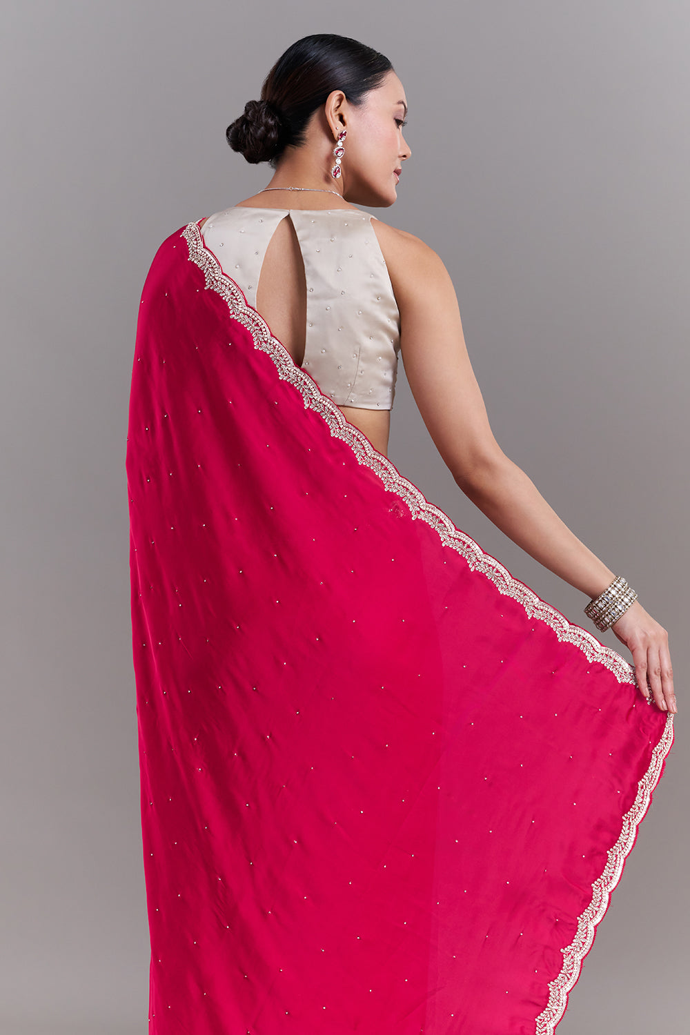 Rani Pink Satin Embellished Saree