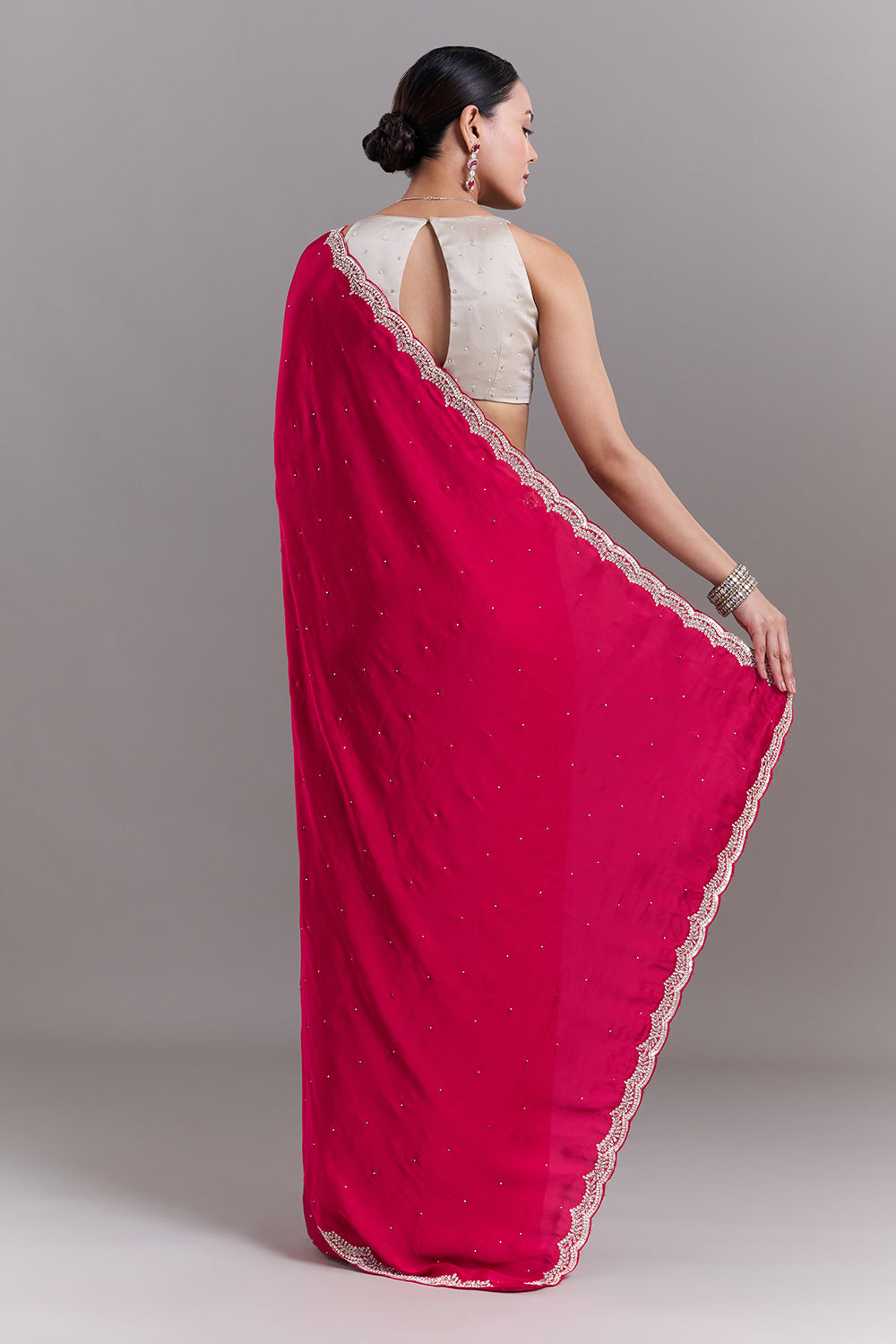 Rani Pink Satin Embellished Saree