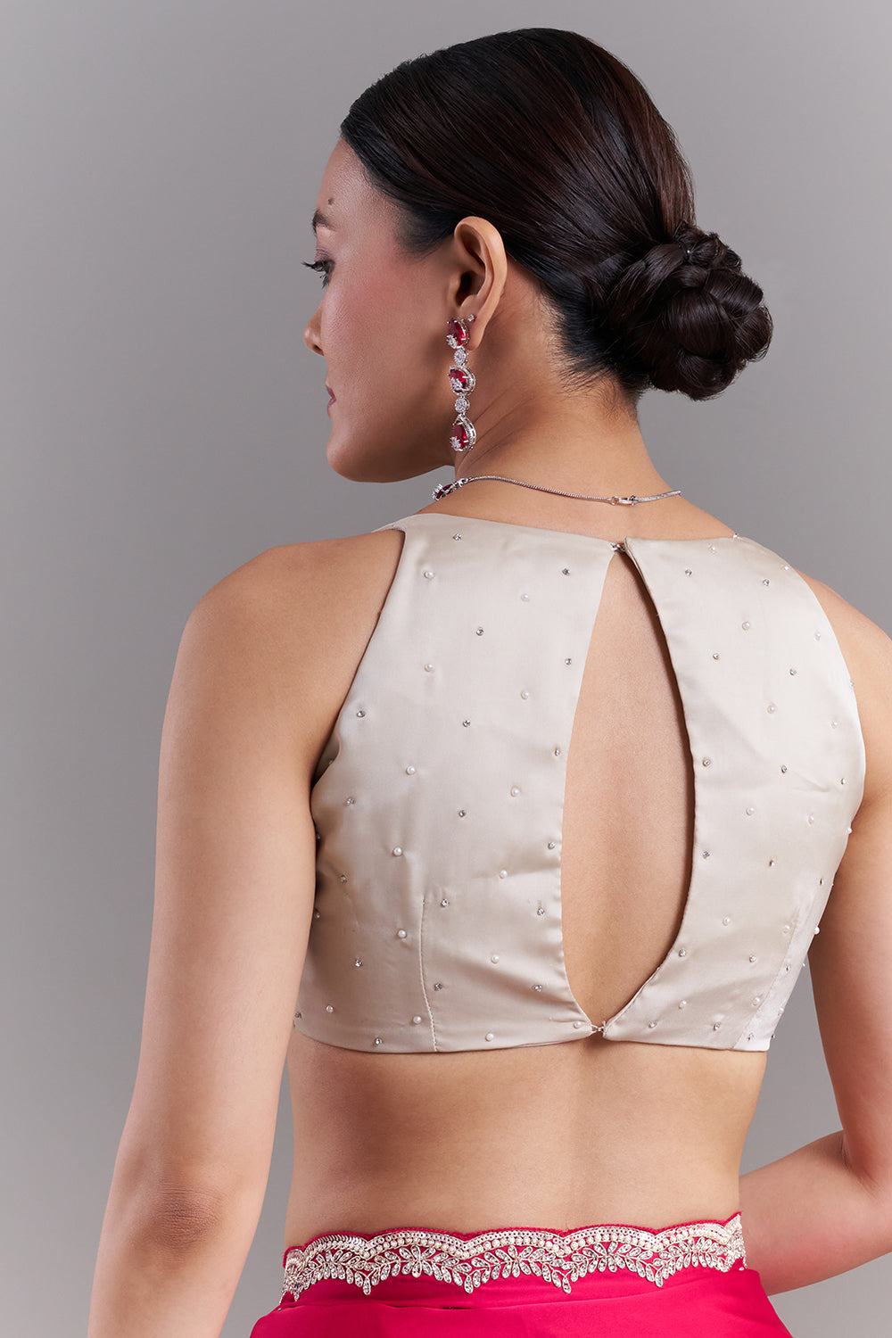 Rani Pink Satin Embellished Saree