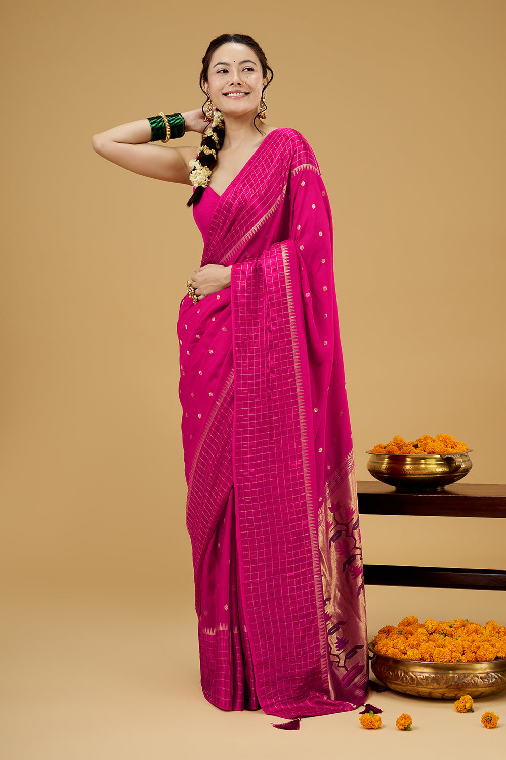Rani Pink Satin Silk Saree with Zari Work
