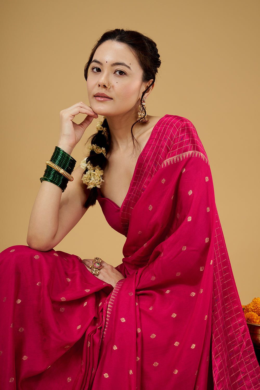 Rani Pink Satin Silk Saree with Zari Work