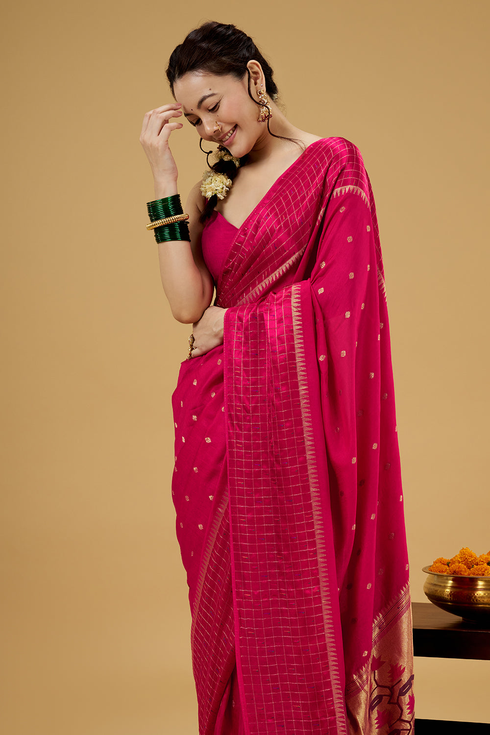 Rani Pink Satin Silk Saree with Zari Work