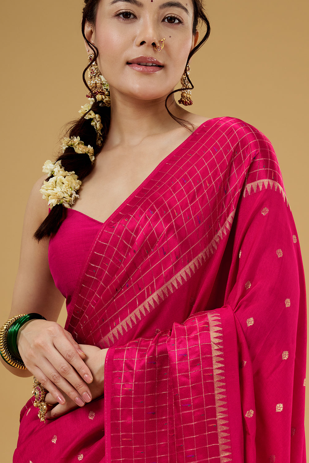 Rani Pink Satin Silk Saree with Zari Work