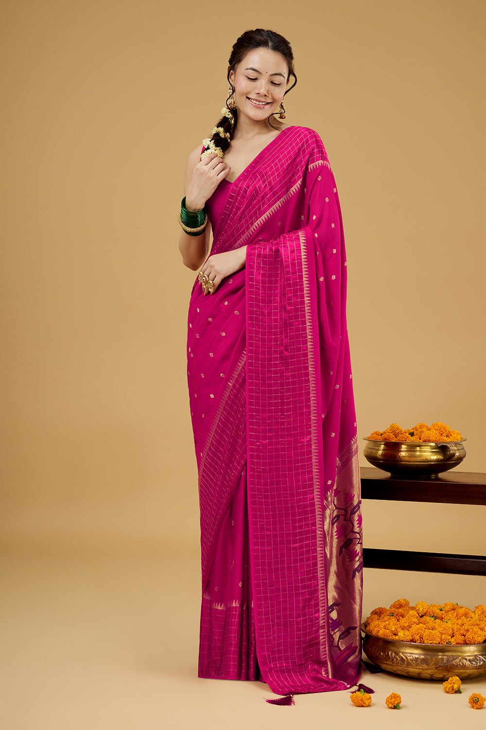 Rani Pink Satin Silk Saree with Zari Work