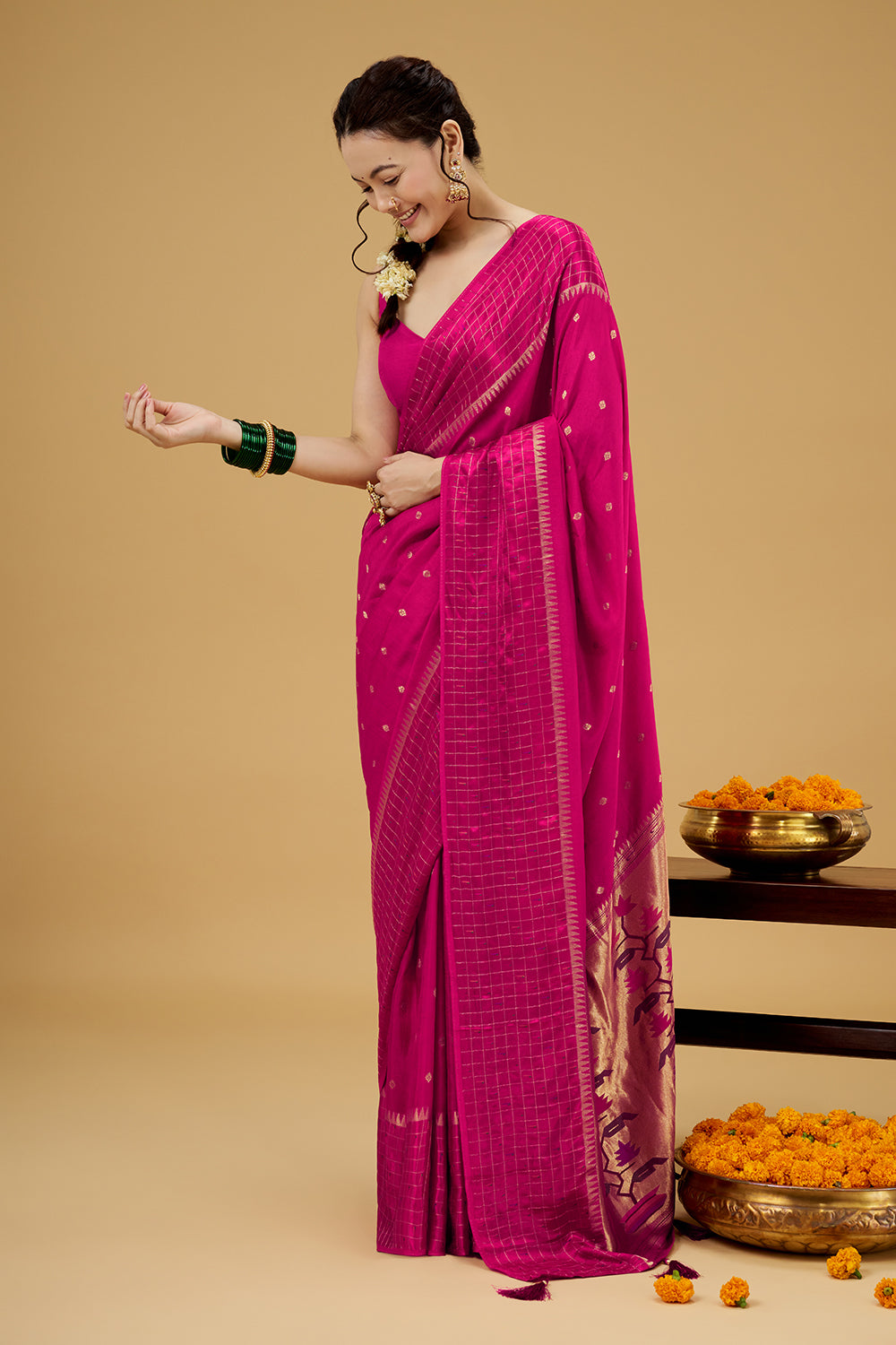 Rani Pink Satin Silk Saree with Zari Work