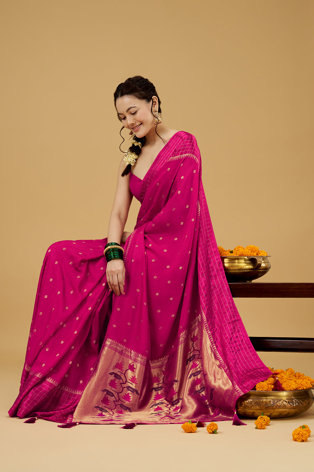 Rani Pink Satin Silk Saree with Zari Work