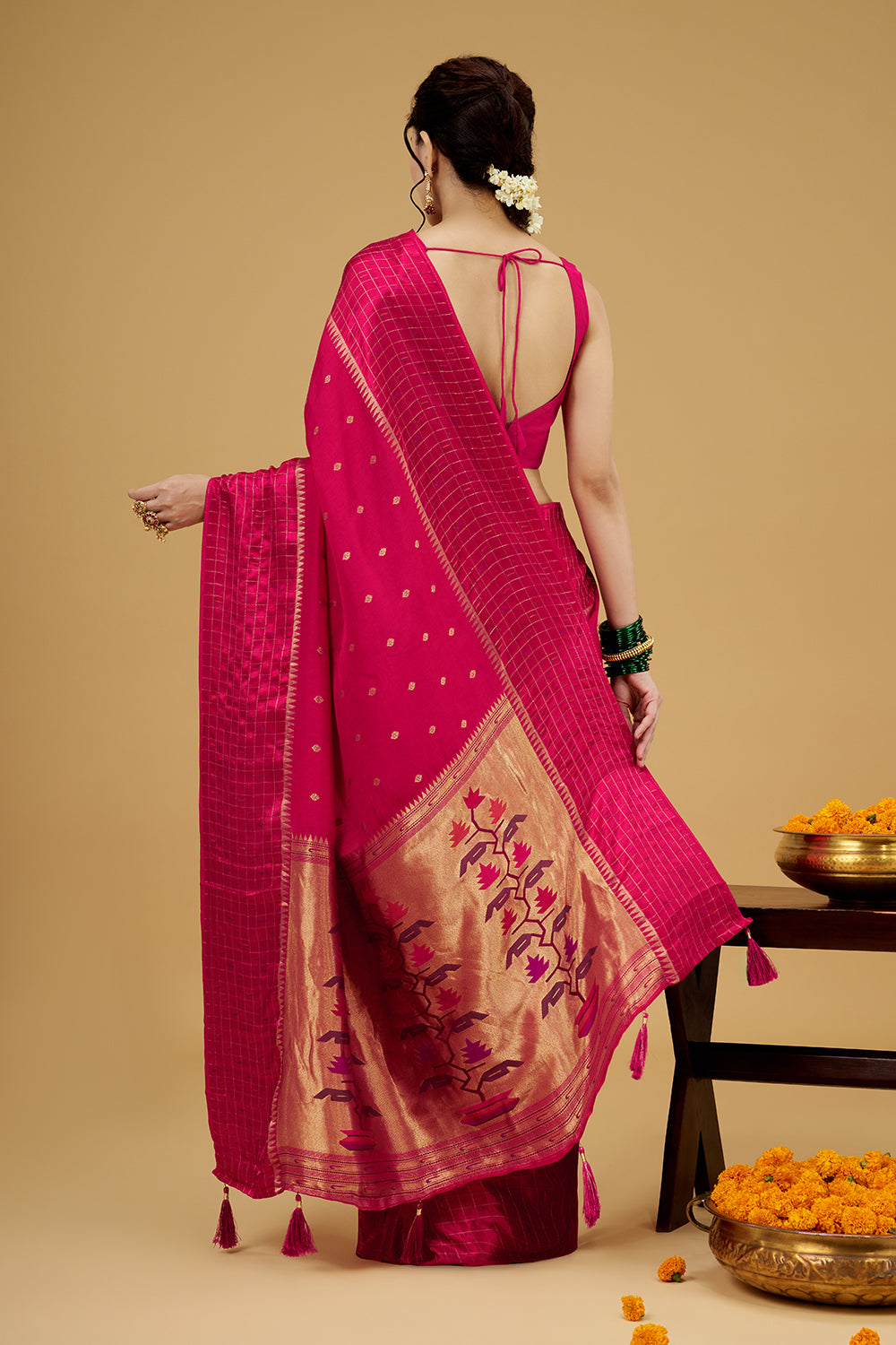 Rani Pink Satin Silk Saree with Zari Work