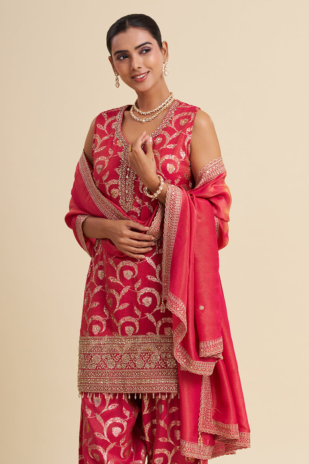 Rani Pink Shimmer Tissue Kurta Set with Zari Embroidery