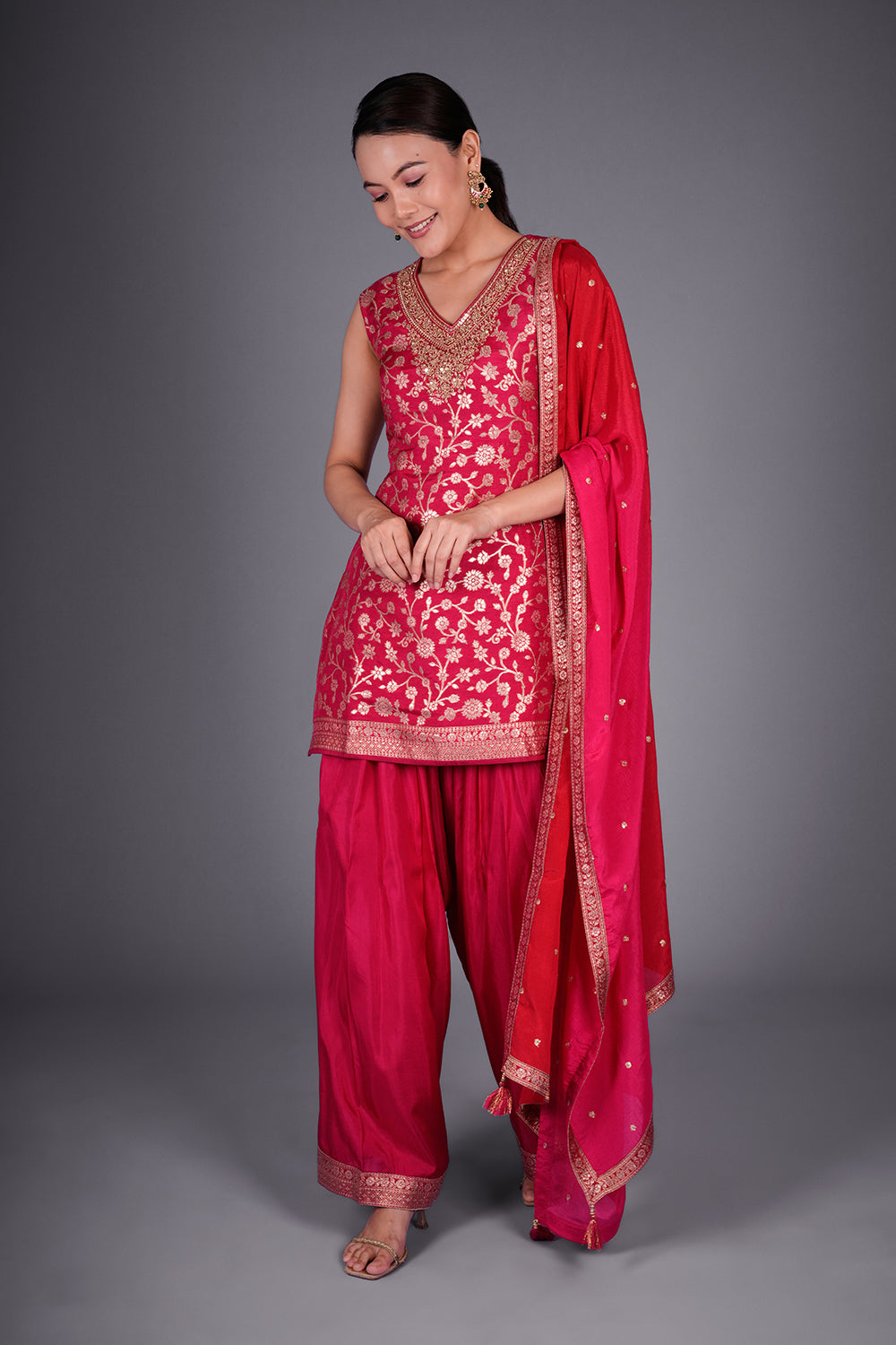 Rani Pink Shimmer Zari Brocade Short Kurta Set with Gold Zari Embroidery