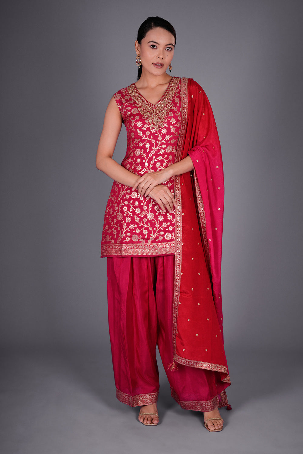 Rani Pink Shimmer Zari Brocade Short Kurta Set with Gold Zari Embroidery