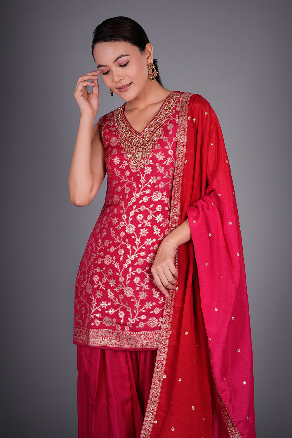 Rani Pink Shimmer Zari Brocade Short Kurta Set with Gold Zari Embroidery