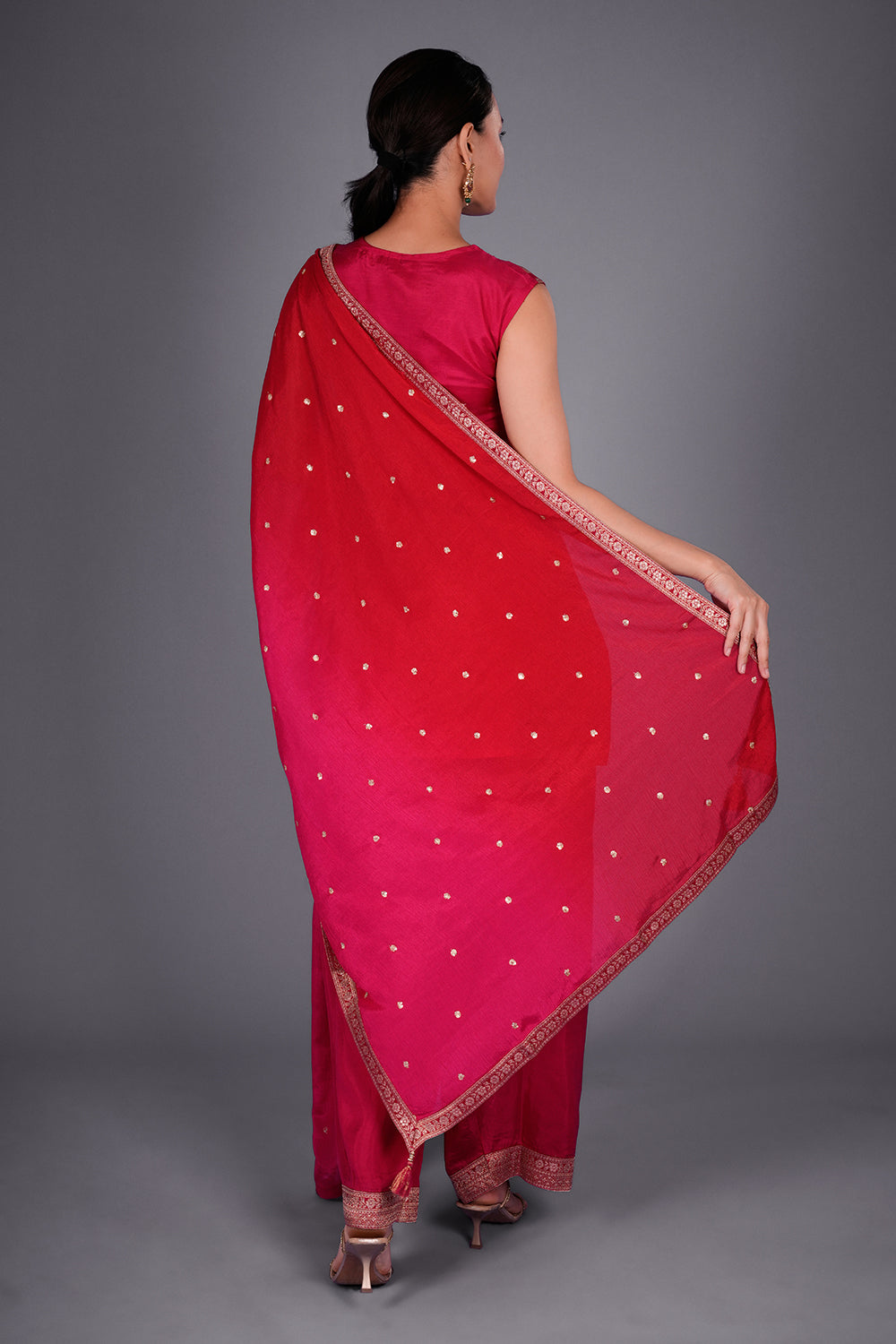 Rani Pink Shimmer Zari Brocade Short Kurta Set with Gold Zari Embroidery