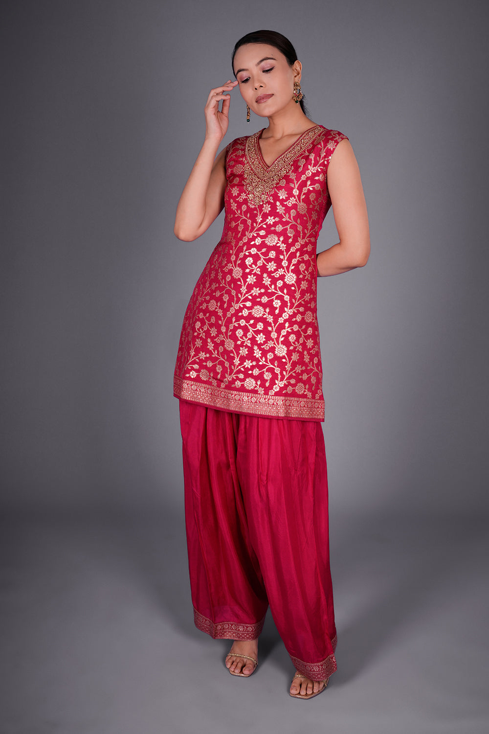 Rani Pink Shimmer Zari Brocade Short Kurta Set with Gold Zari Embroidery