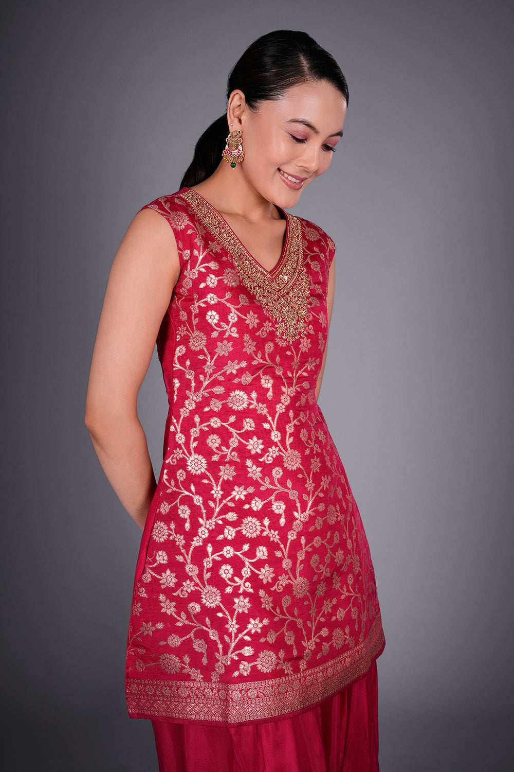 Rani Pink Shimmer Zari Brocade Short Kurta Set with Gold Zari Embroidery