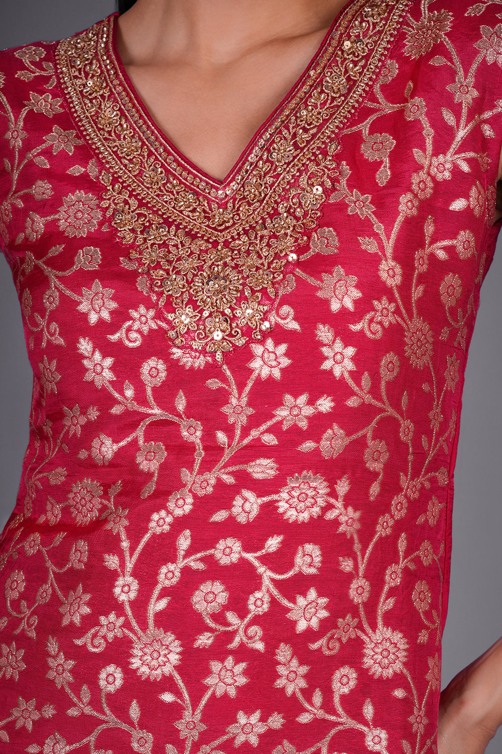 Rani Pink Shimmer Zari Brocade Short Kurta Set with Gold Zari Embroidery