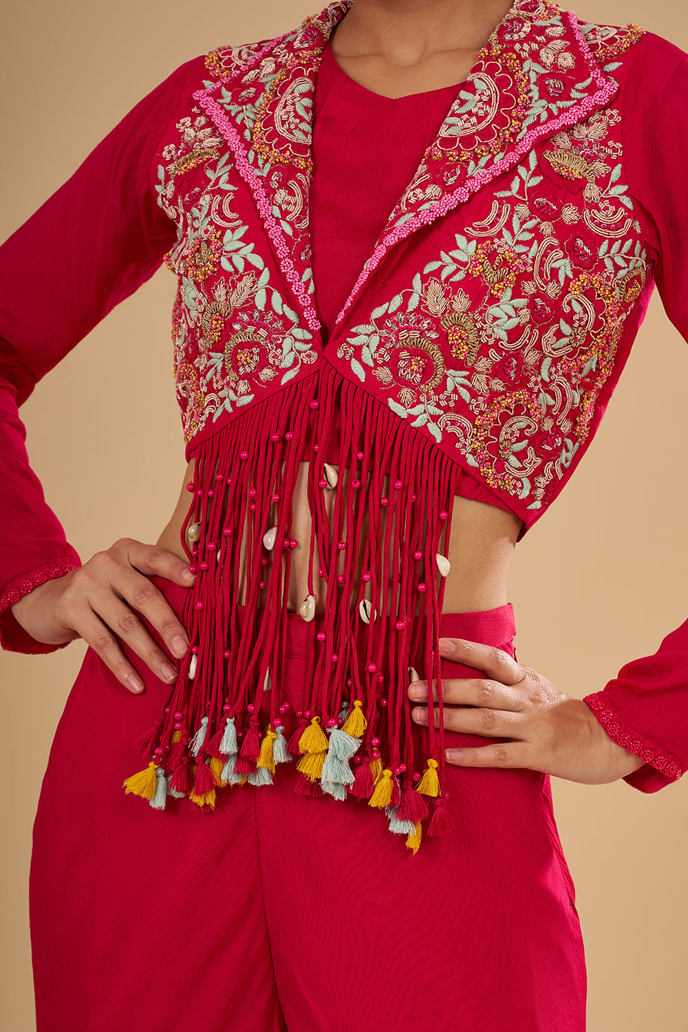 Rani Pink Short Jacket Bustier Set with Kashmiri Resham Embroidery